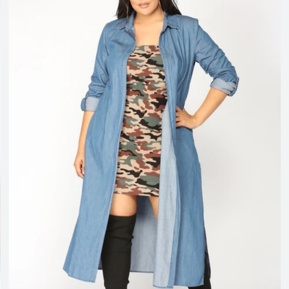 Fashion Nova Dangerous Gal Dark Blue Washed Denim Cambrey Duster Jacket Pockets - Picture 3 of 6